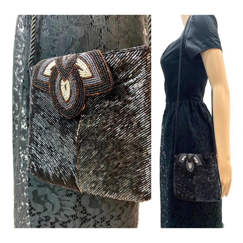 80s Art Deco Style Micheline Burke Black & Copper Beaded Shoulder Bag - Picture 5 of 11